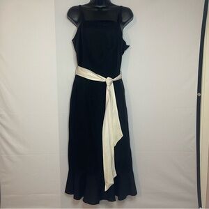 Lennie For Nina Leonard Cream Tie Waist Sleeveless Linen Blend Black Dress Sz 6